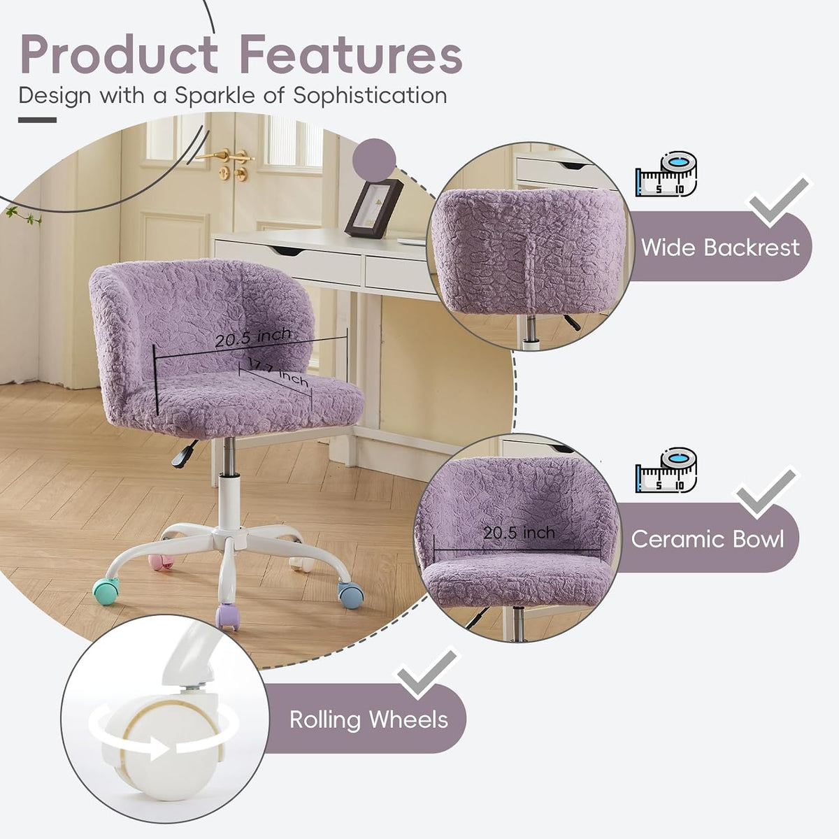 Faux Fur Vanity Desk Chair with White Metal Base – Adjustable Swivel Rolling Office Chair with Wheels, Comfy Makeup Chair for Bedroom, Study, Girls' Room, Home Office & Task Use, Purple