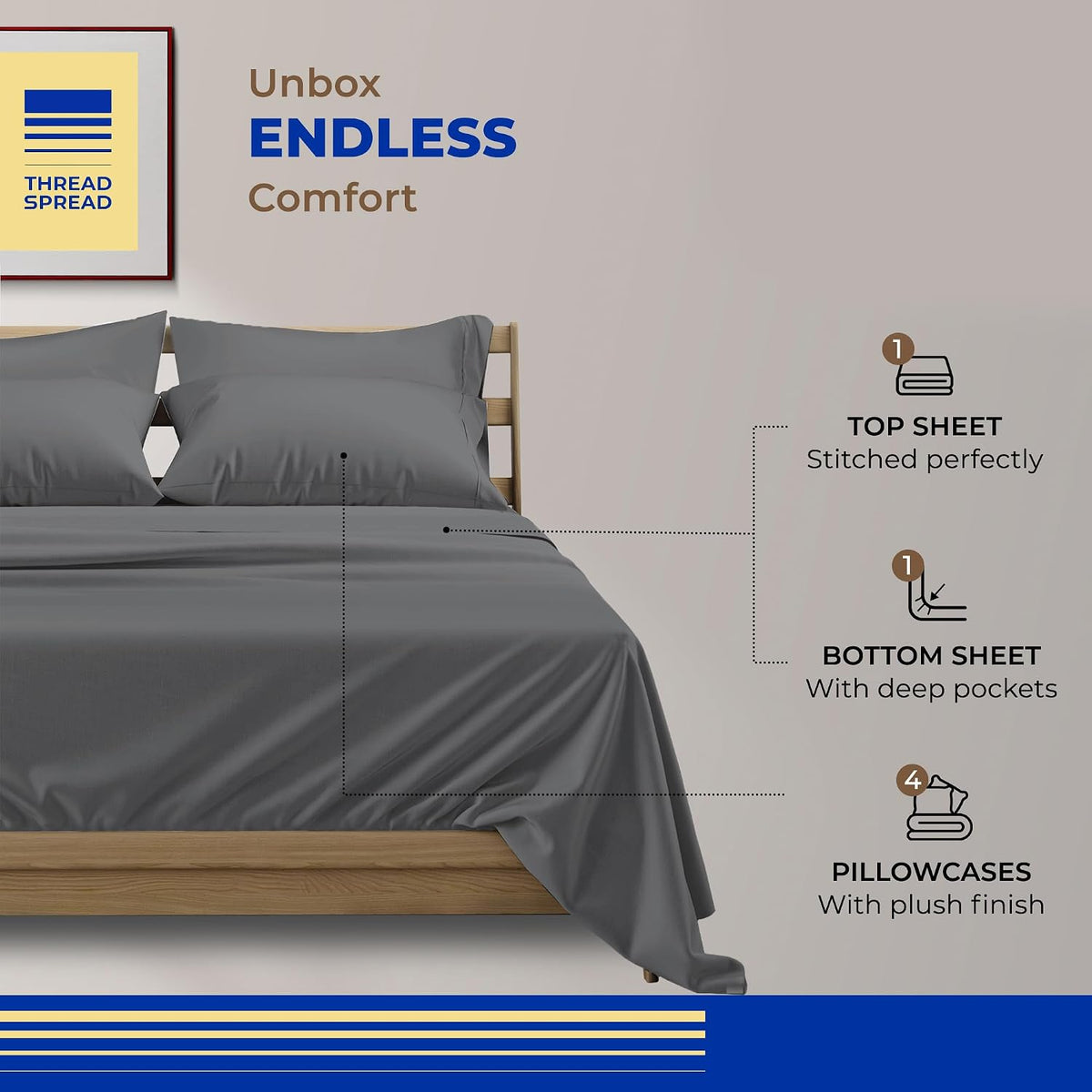 THREAD SPREAD 100% Egyptian Cotton King Size Sheets Set - 800 Series Euphoria Collection King Size Sheets (6 PC, Dark Grey), 16' Deep Pocket, Hotel Bed Sheet, Soft, Cooling, Sateen Bed Sheet