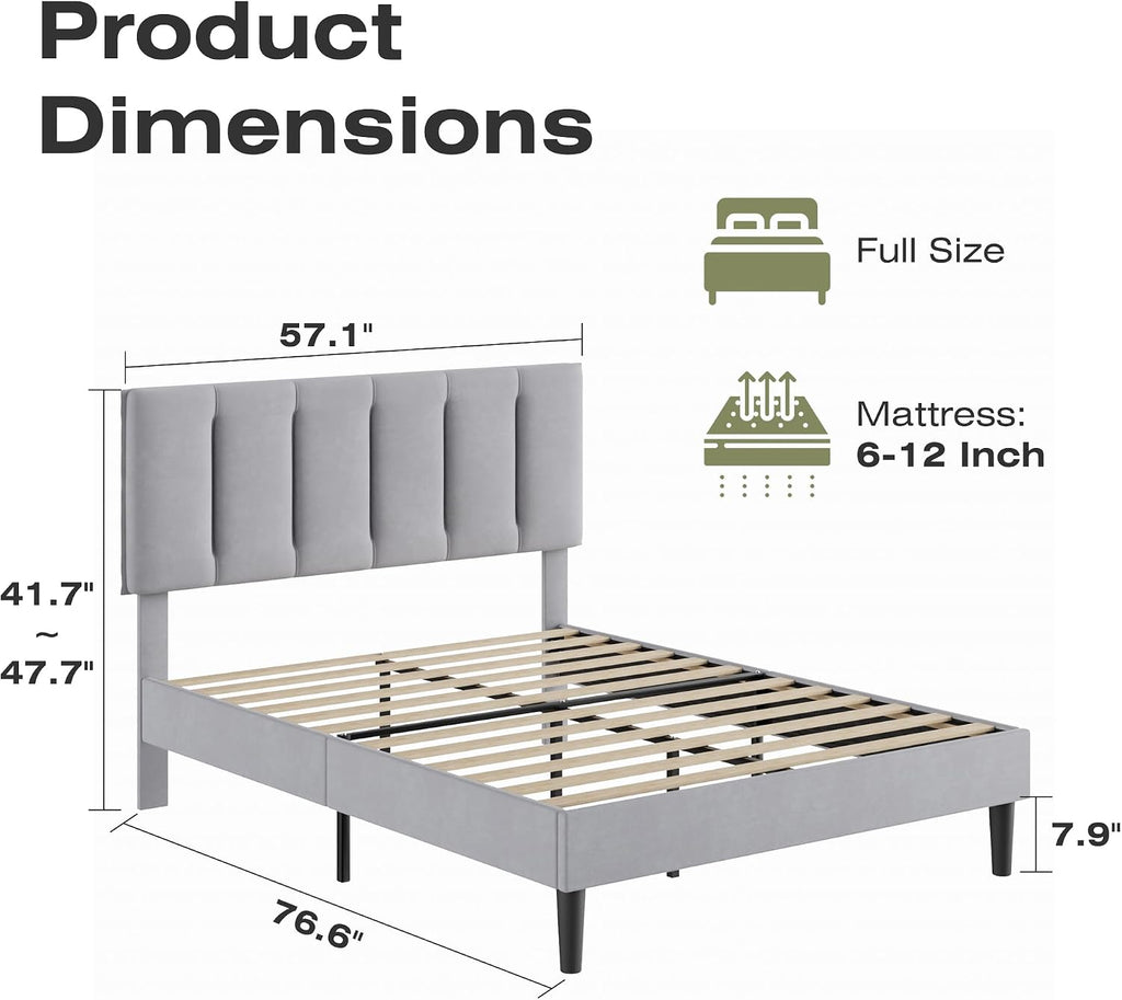 VECELO Full Bed Frame with Upholstered Headboard, Heavy-Duty Platform Bedframe with Strong Wooden Slats Support, No Boxing Spring Needed, Light Grey