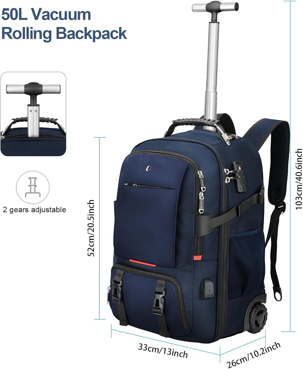 Backpack with wheels,rolling backpack with 2 Packing Cubes and compression bags,Laptop Compartment,Water Resistant Luggage suitcase,Air Travel,Weekend Trips (Blue)