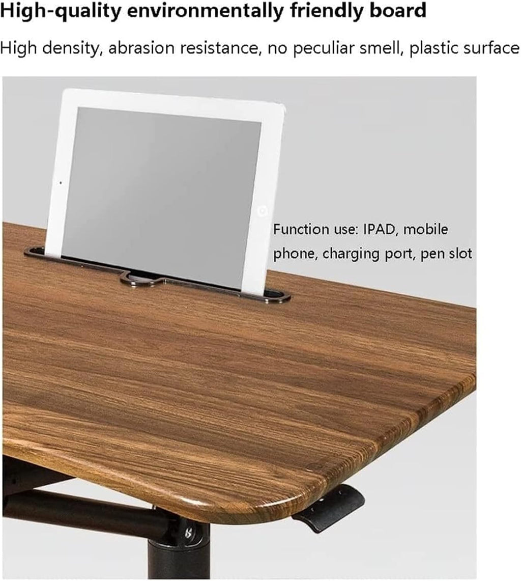 Height Adjustable Overbed Table with Wheels Pneumatic Mobile Standing Desk for Home Use Portable Laptop Desk Rolling Computer Cart