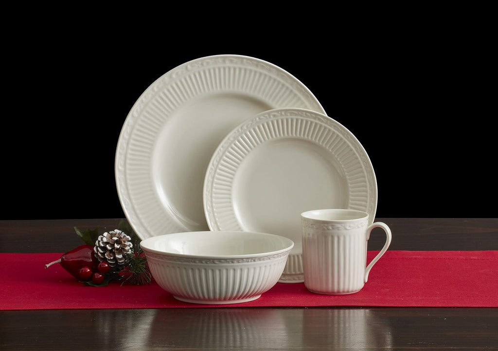 Mikasa Italian Countryside 16-Piece Dinnerware Set - Classic White Porcelain with Fluted Bands, Service for 4 - Dinner Plates, Salad Plates, Bowls, and Mugs, Microwave & Dishwasher Safe