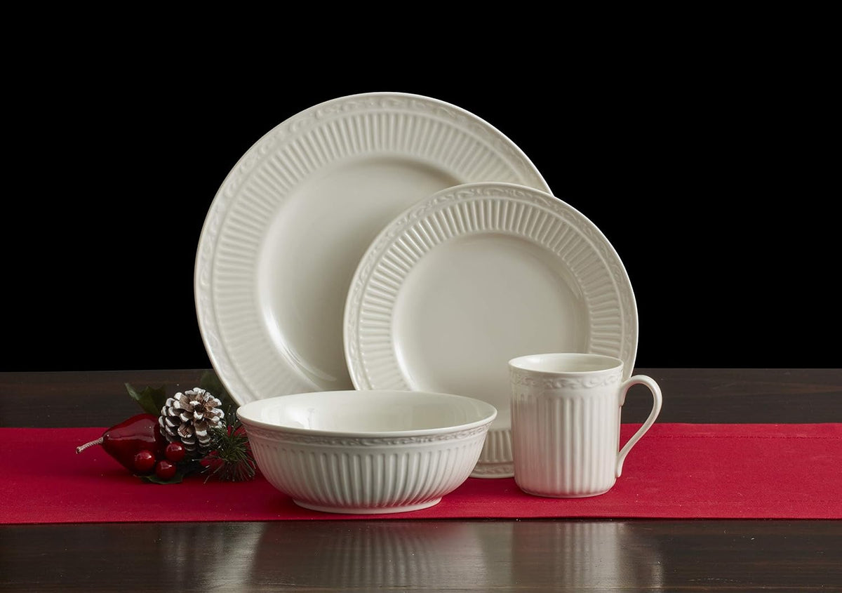 Mikasa Italian Countryside 16-Piece Dinnerware Set - Classic White Porcelain with Fluted Bands, Service for 4 - Dinner Plates, Salad Plates, Bowls, and Mugs, Microwave & Dishwasher Safe