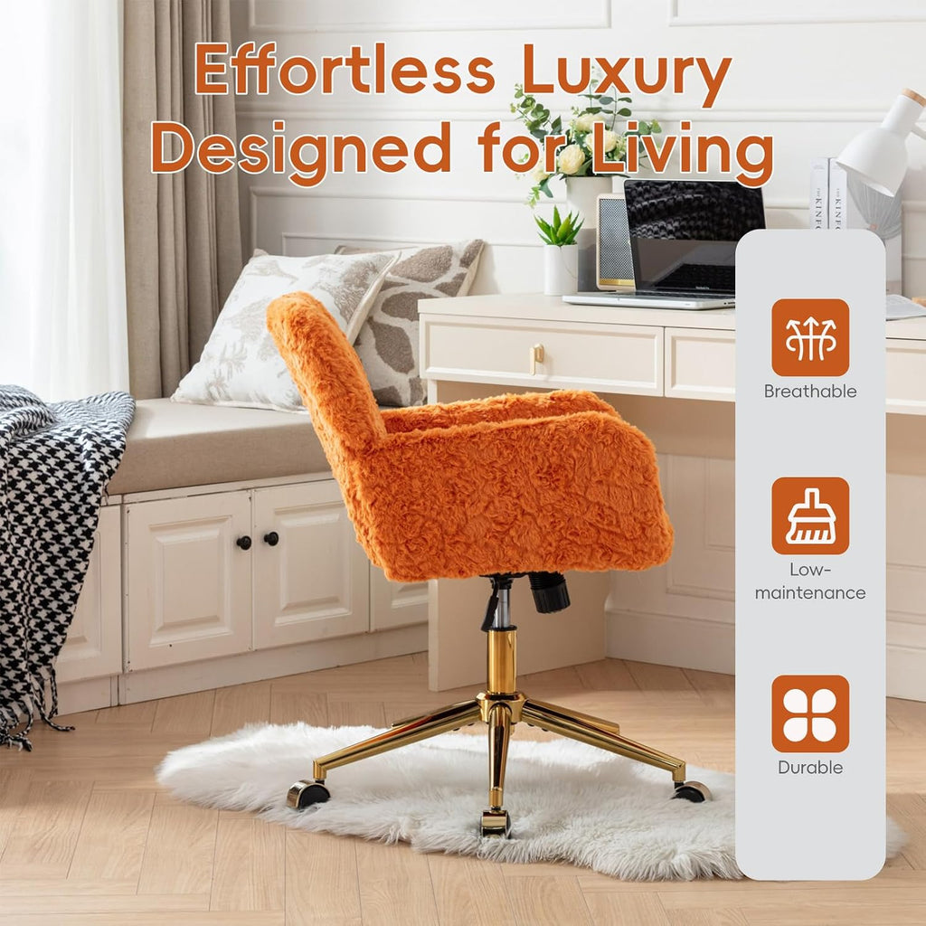 Plush Faux Fur Desk & Vanity Chair with Gold Base – Comfy Adjustable Girls Desk Chair, Makeup Chair, 360° Swivel, Tilt Backrest, Rolling Wheels – Modern Chic Home Office Seating,Orange