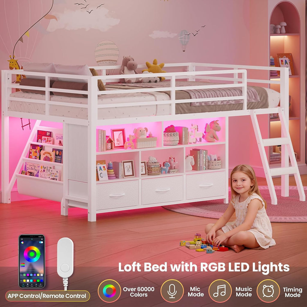 BTHFST Low Loft Bed Twin Size with 3 Storage Drawers, 3-Tier Kids Bookshelf, 5 Open Cubbies and 2 LED Lights Strips, Metal Kids Loft Bed with High Safety Guardrail, Inclined Ladder and Play Area