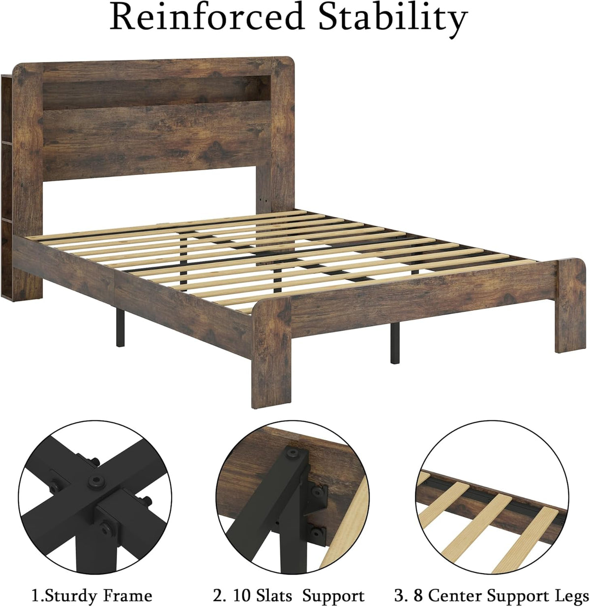 Ball & Cast Full Size Bed Frame with Storage Headboard,Wood Platform Full Bed with LED Light & USB Port,Noise Free,No Box Spring Needed,Easy Assembly,Dark Brown