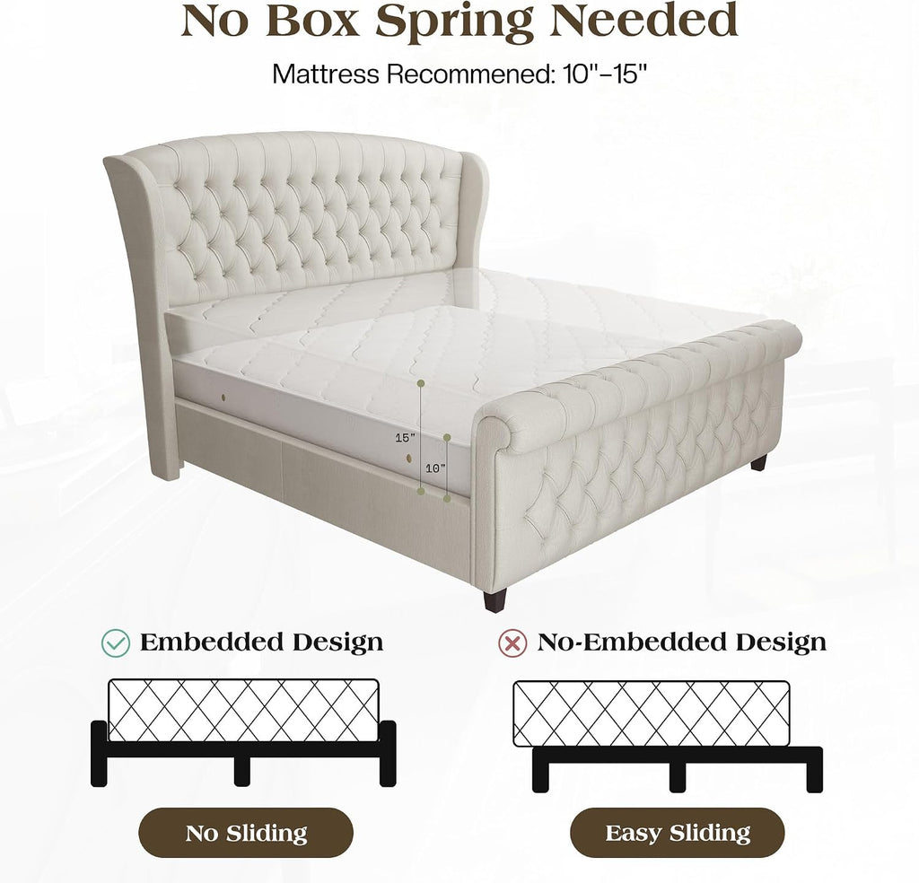 LUXOAK King Size Platform Bed Frame, Chenille Upholstered Sleigh Bed with Curved Headboard & Footboard, Deep Button Tufted, Wood Slats Support, No Box Spring Needed, Cream