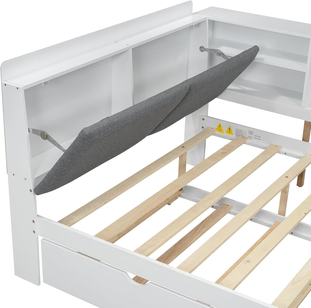Merax Corner Full Bed Frame, Wood Platform Bed with Storage Headboard, Full Size Daybed with Trundle and Rotatable Storage Board for Living Room,Bedroom,Guest Room,White