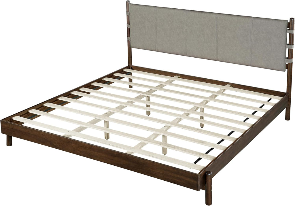 King Bedroom Set, King Size Platform Bed Frame with 2 Bedside Tables and Headboard Included, Mid Century Modern Wood Bed Frames, Slat Support (Light Gray + Walnut, King)