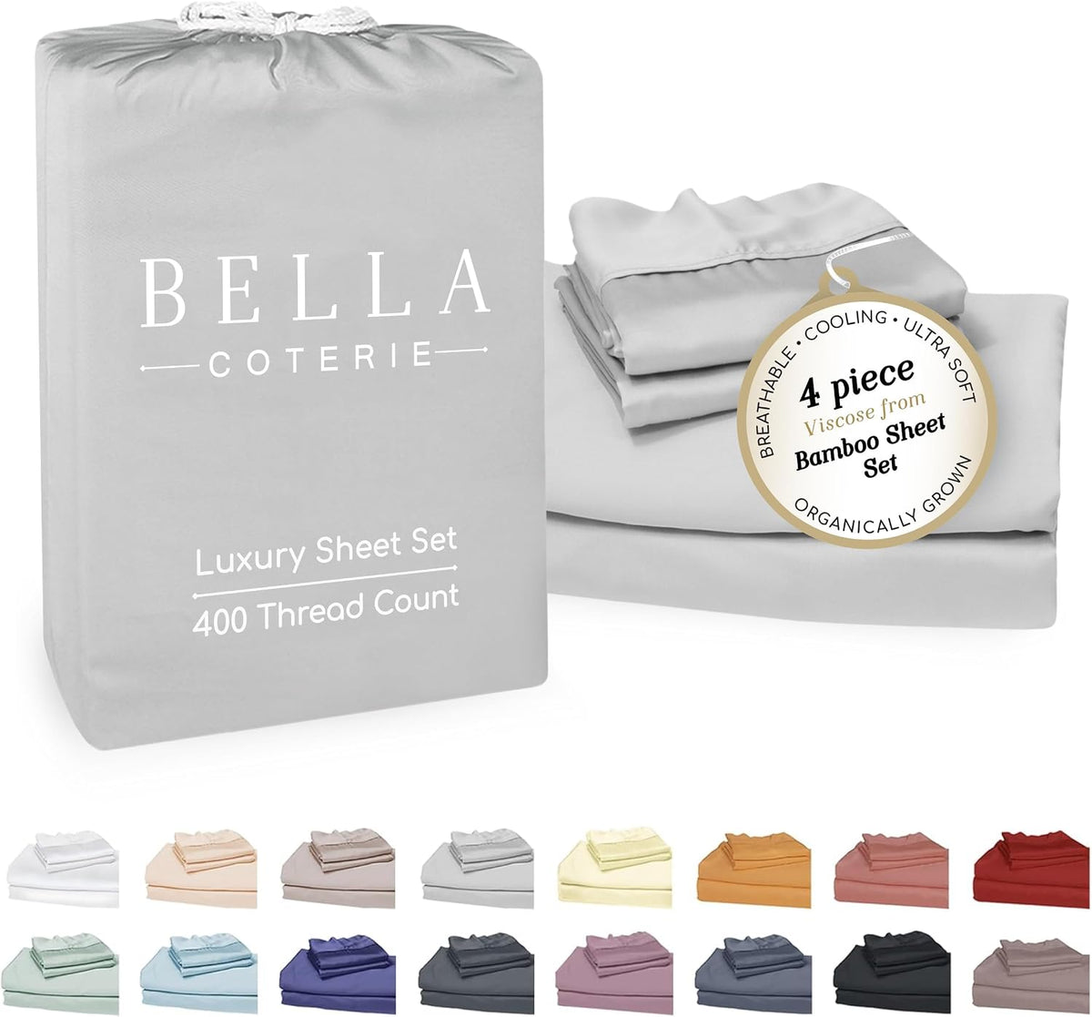 Bella Coterie Luxury Bamboo Viscose King Size Sheet Set | 100% Organically Grown | Ultra Soft | Cooling for Hot Sleepers | 18' Deep Pocket [Grey Mist]
