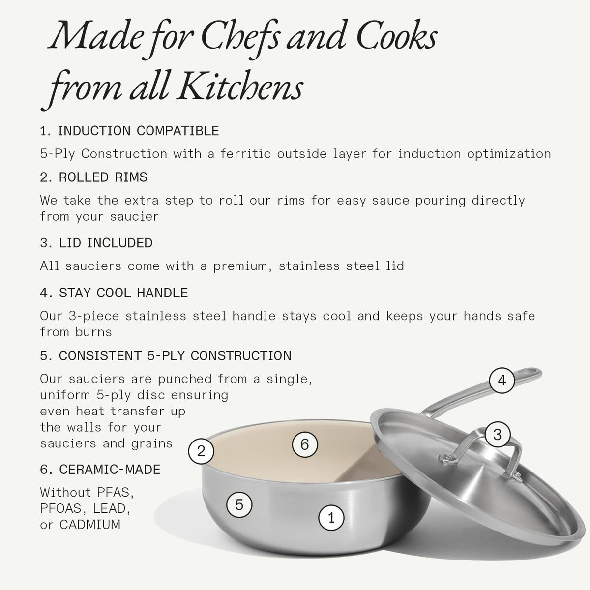Made In Cookware | 3 QT Ceramic Non Stick Saucier with Lid | 5-Ply Stainless Clad with Stay-Cool Handle | Professional Cookware | Crafted in Italy | Induction Compatible