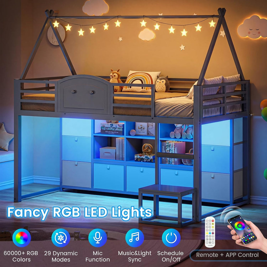 VIAGDO Twin Size Low Loft Bed with 9 Storage Drawers, Bookcase and LED Lights, House-Shaped Metal Twin Loft Bed with Step Stool and Safety Guardrail, Kids Loft Bed with Under-Bed Play Space, Grey