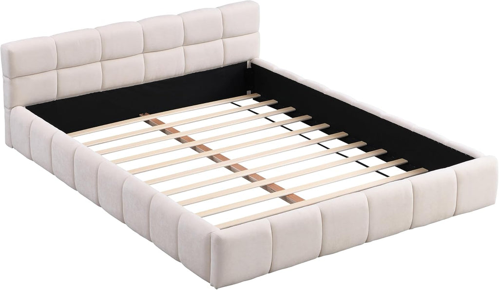 JIJIWANG Elegant Queen Size Upholstered Platform Bed，Boucle Ground Platform Bed with Checkerboard Design Thick Headboard and Footboard, Block Style, Beige