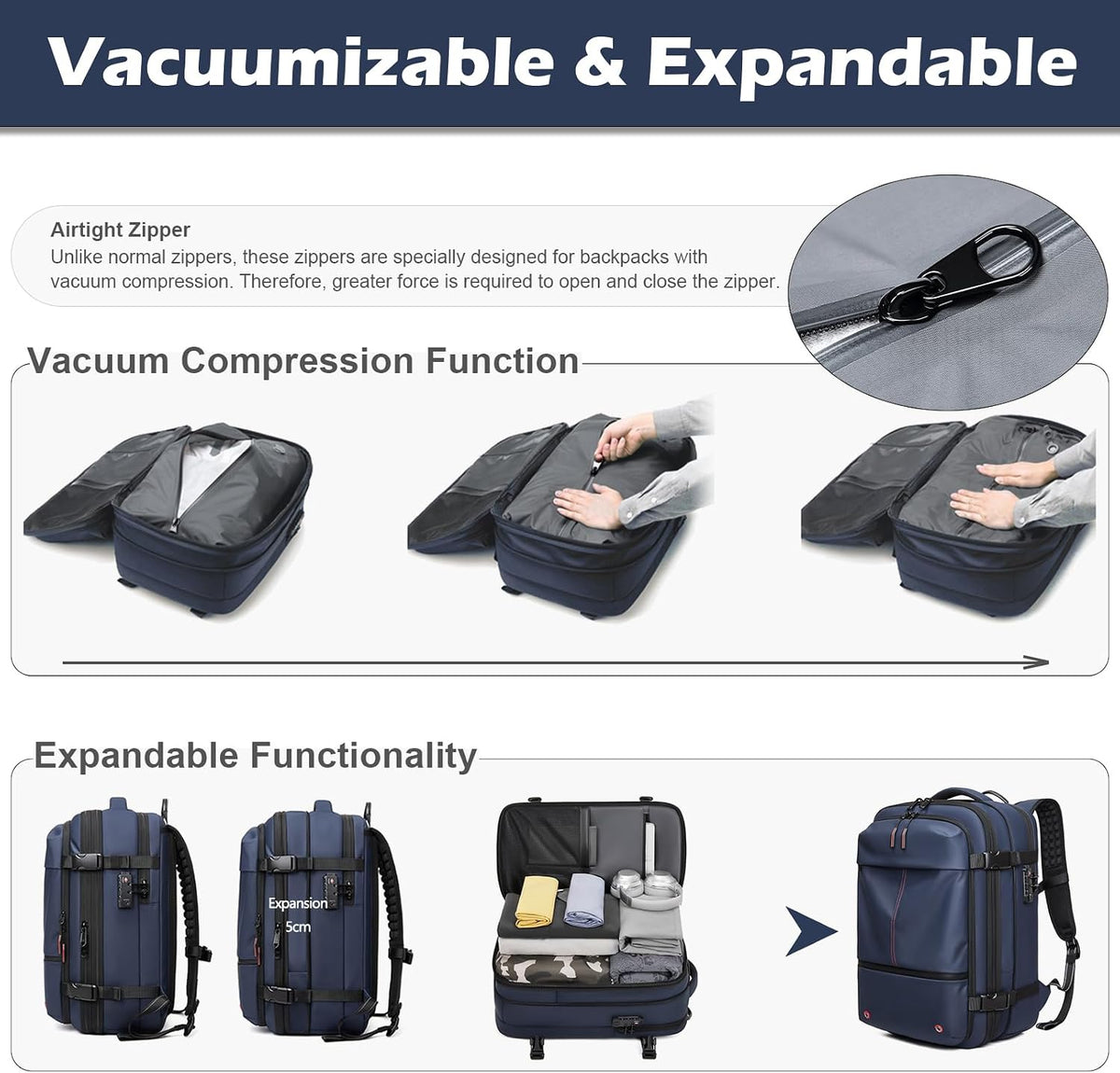 Somago Vacuumable Backpack Expandable Water-resistant Travel Bag with Air Pump TSA Lock Anti-thief Pocket