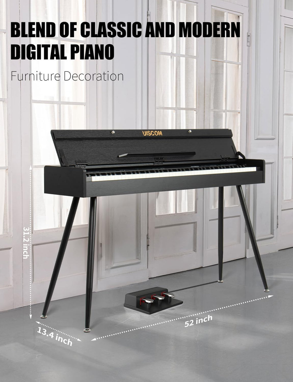 UISCOM 88 Key Weighted Home Digital Piano- Wooden Desk Electric Piano Transforms Between Desk and Vanity - Progressive Hammer-Action Keyboard, Perfect for Beginners with MIDI-Black