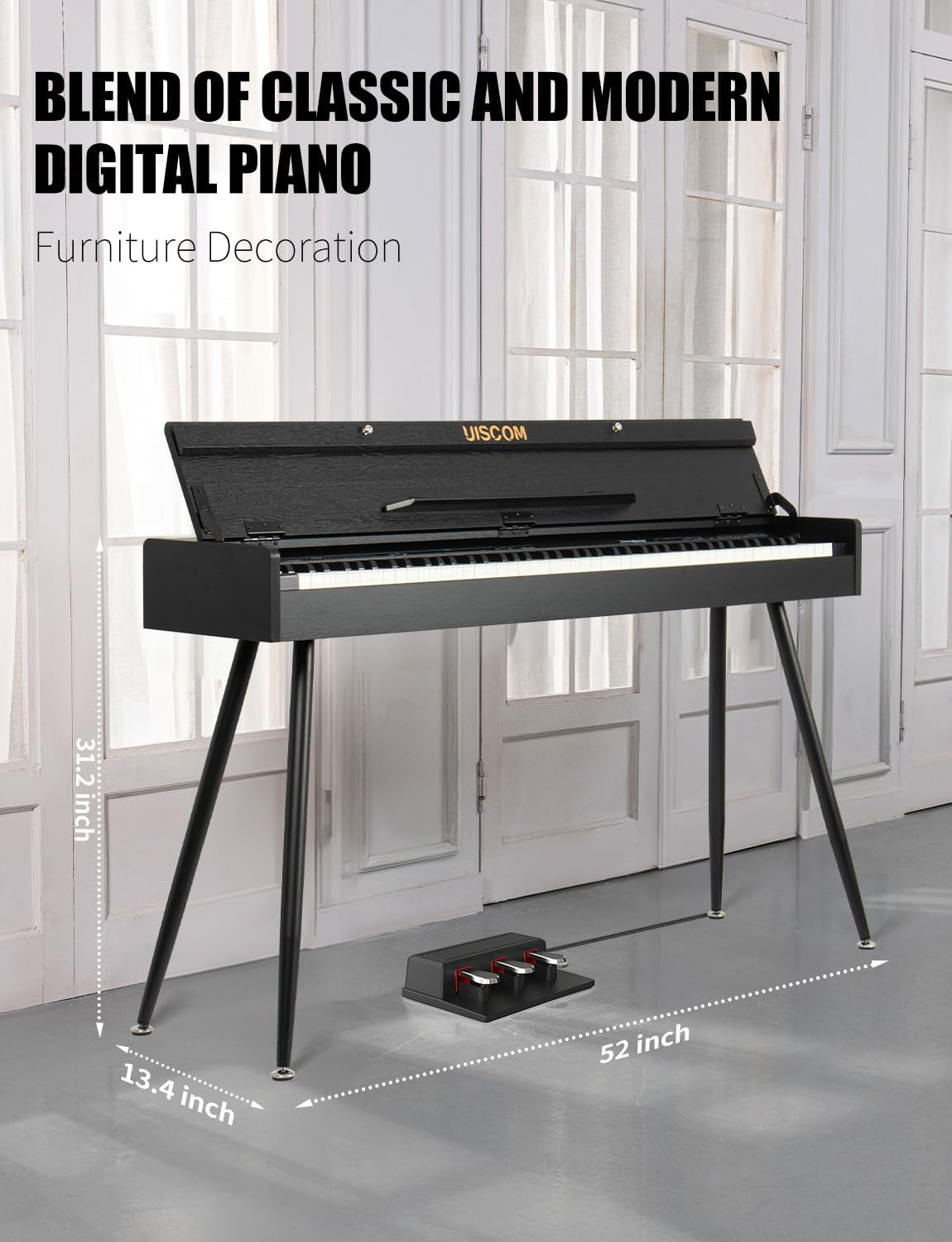 UISCOM 88 Key Weighted Home Digital Piano- Wooden Desk Electric Piano Transforms Between Desk and Vanity - Progressive Hammer-Action Keyboard, Perfect for Beginners with MIDI-Black