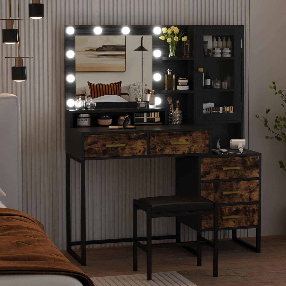 Vanity Desk with Mirror, Makeup Desk Set with 3 Color Lights and Chair, Modern Vanity Table with Drawers and Shevles, Dressing Table with Charging Station for Bedroom, Black