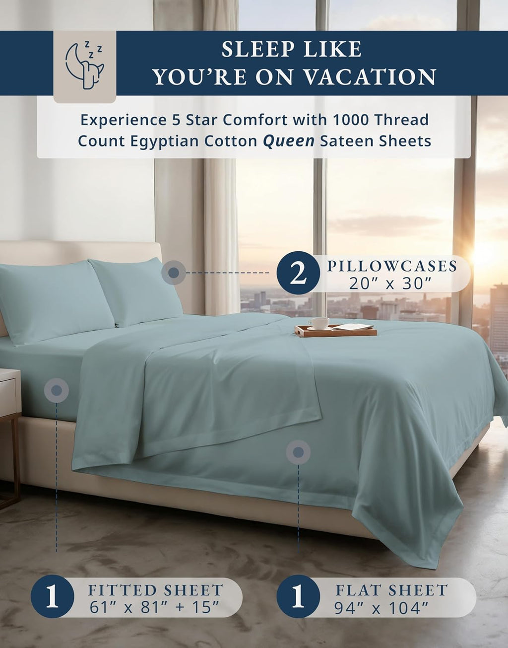 100% Egyptian Cotton Queen Size Sheet Set - 1000 Thread Count Silky Sateen Weave Naturally Breathable & Durable Winter Comfort, Hotel Soft Luxury Comfort with 15' Deep Pocket Queen Sheets -French Blue