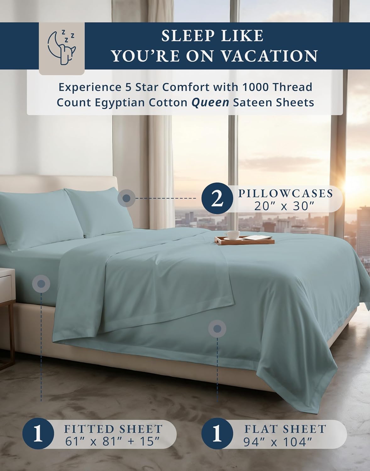100% Egyptian Cotton Queen Size Sheet Set - 1000 Thread Count Silky Sateen Weave Naturally Breathable & Durable Winter Comfort, Hotel Soft Luxury Comfort with 15' Deep Pocket Queen Sheets -French Blue