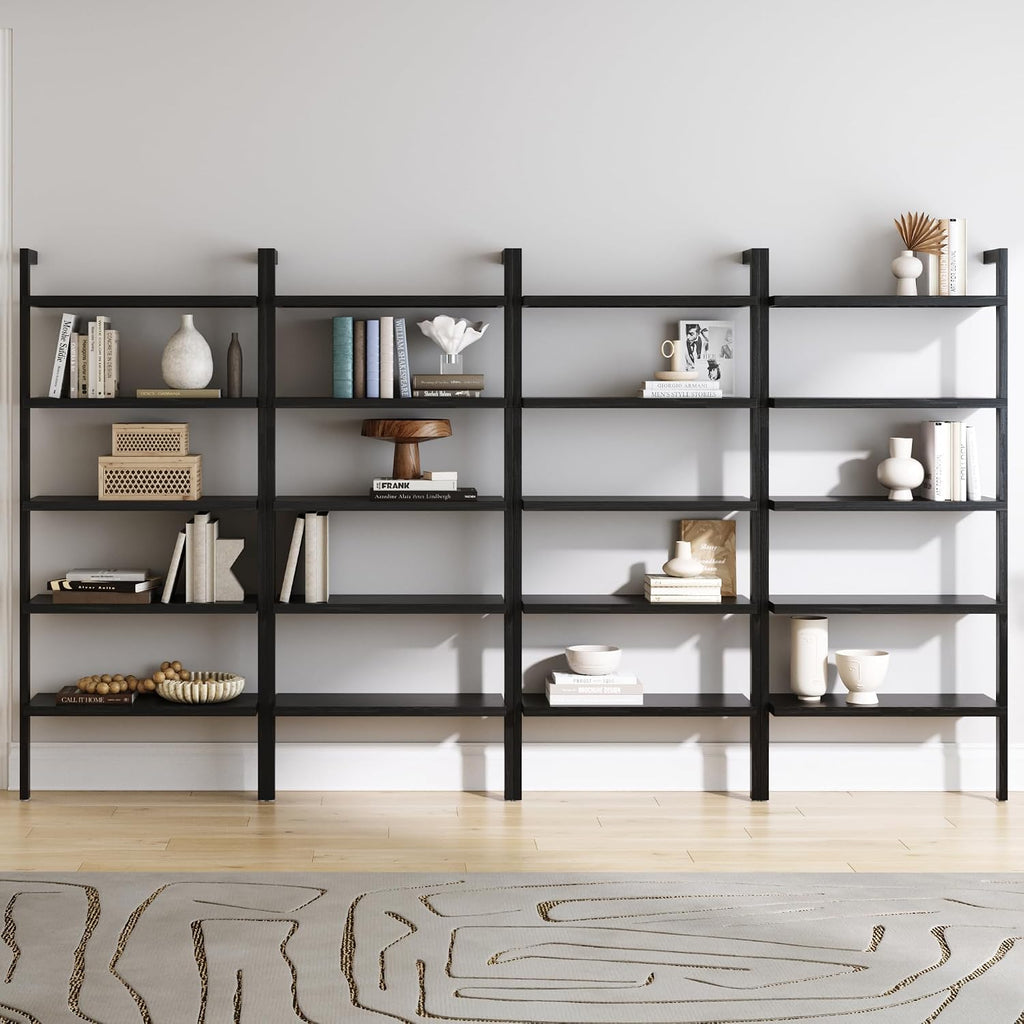 Nathan James Beacon Bohemian 5 Tier Bookshelf, Wall Mounted Bookcase, Solid Wood Bookshelf in Black Oak, Set of 4