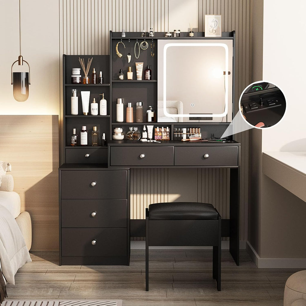 Vabches Vanity Makeup Mirror Desk with Stool,Makeup Vanity Set with 6 Drawers and Shelves,Dressing Table with Power Strip, 3 Color Modes Available,Black