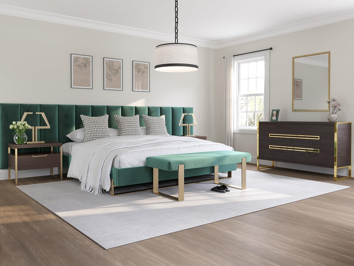 VANT Upholstered Bed Bench - Velvet Emerald Green - Matte Black - Contemporary Modern, Bedroom Bench Seat, Hallway, or Entryway