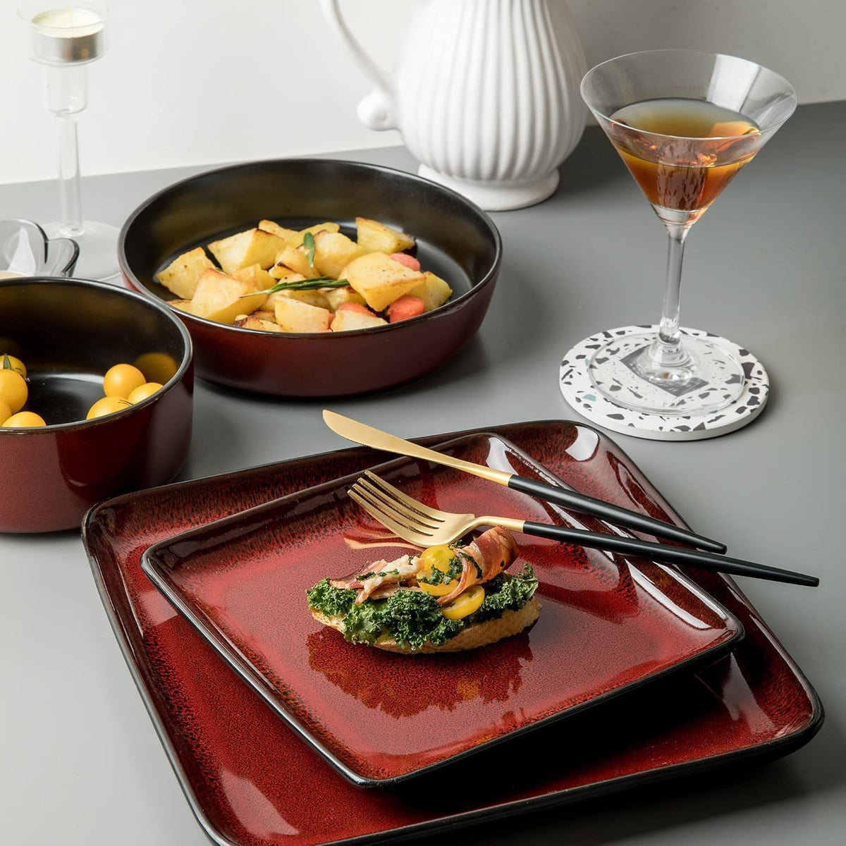 FLACKAR Square Stoneware 16pc Double Bowl Dinnerware Set for 4, Dinner Plates, Side Plates, Cereal Bowls, Pasta Bowls - Reactive Glaze Red (480349)