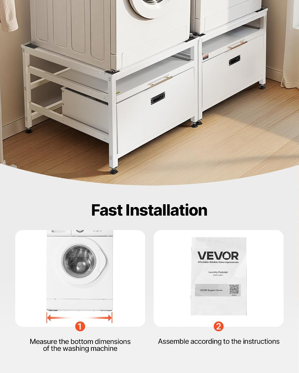 VEVOR Laundry Pedestal, 22.6 in Height, 29 x 29 in Washer and Dryer Pedestals with Pull-out Tray and Storage Space, 800 lbs Load Capacity, Non-Slip Feet Washing Machine Stand Universal, White, 2 Pack