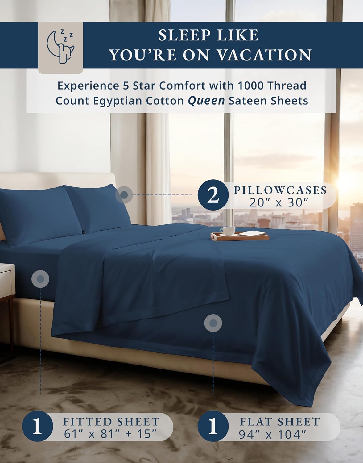 100% Egyptian Cotton Queen Bed Sheets Set - 1000 Thread Count Autthentic Long Staple Cotton Bed Sheets, Breathable Winter Comfort, Ultra-Soft Hotel Luxury Comfort with 15' Deep Pocket - Estate Blue