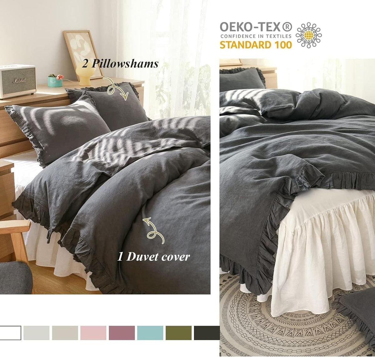 Simple&Opulence 100% Linen Duvet Cover Set, 3 PCS Natural French Flax Dark Grey Ruffle Duvet Cover Queen Size, Breathable Comfy Linen Bedding Comforter Cover with 2 Pillowcases (Dark Grey, 88' X 92')