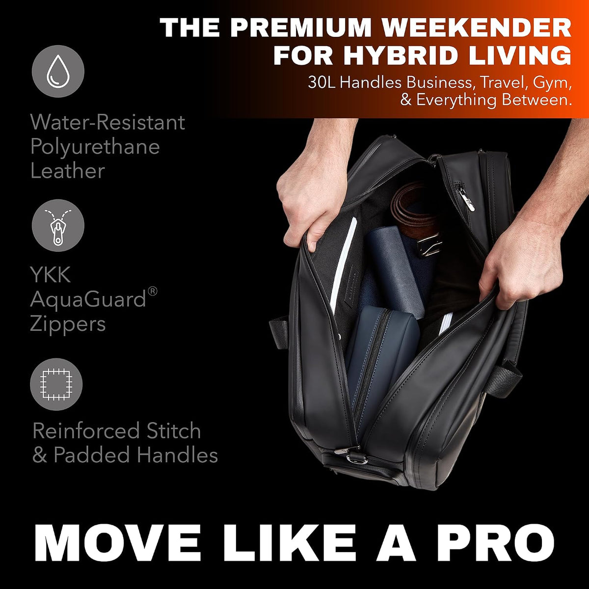 The FTL Pro Mens Travel Bag - 30L Premium Work to Gym Weekender Duffel with Garment Bag, Shoe Space & 18' Laptop Sleeve - Organized Athletic Business Carry On Hybrid, Fits Under Airplane Seat - Black