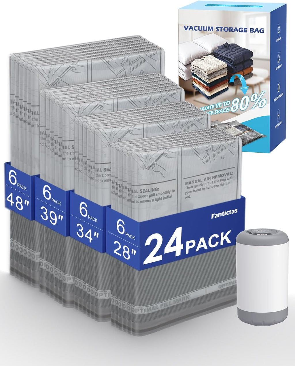 Fantictas Travel Vacuum Storage Bags with Rechargeable Air Pump, 24 Pack Portable Space Saver Bags, Compression Bags for Clothing, Bedding, Seasonal Storage & Packing Bags for Moving