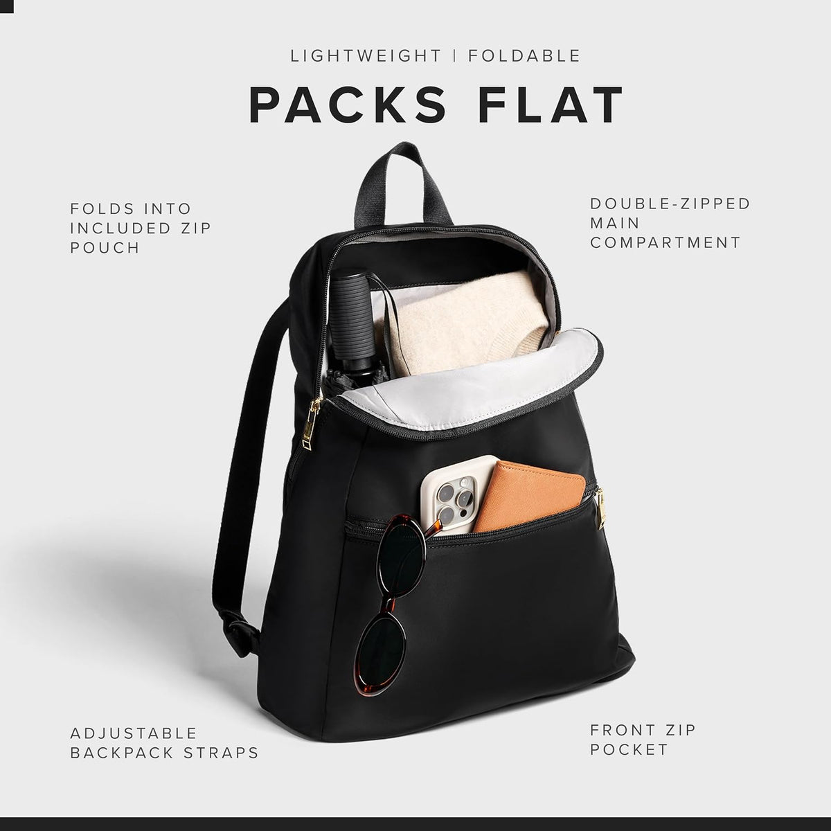 TUMI - Just In Case Foldable Backpack - Lightweight, Compact Travel Backpack - For One Bag Travel - 15.5' X 12.3' X 4.5' - Black with Gold Hardware