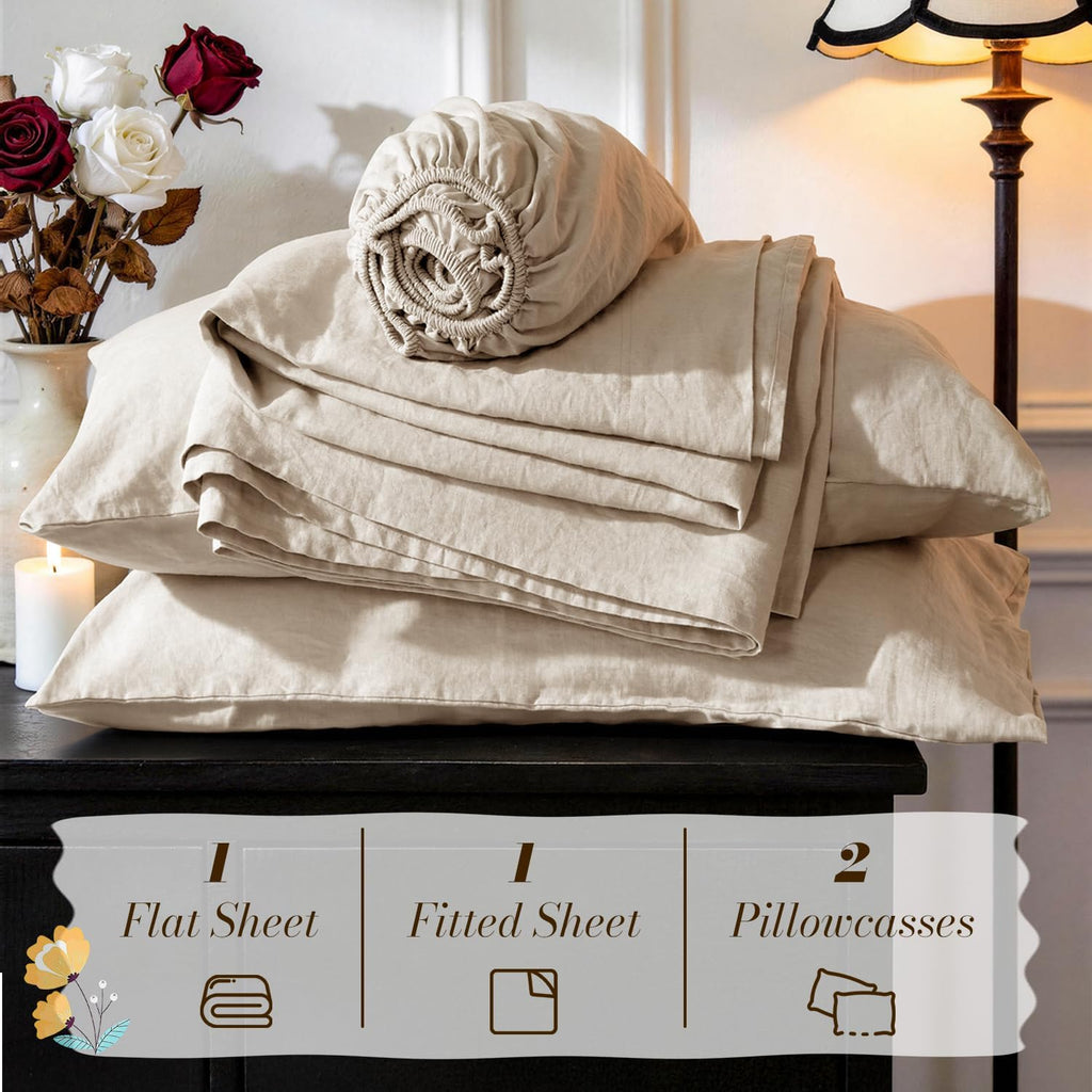 SONORO KATE 100% French Pure Linen Sheets, Breathable and Durable Linen Full Size Sheets, Anti-Tear Linen Bed Sheets, Machine Washable, 16 Inch Deep Pocket - 4 Piece (Natural Linen, Full)