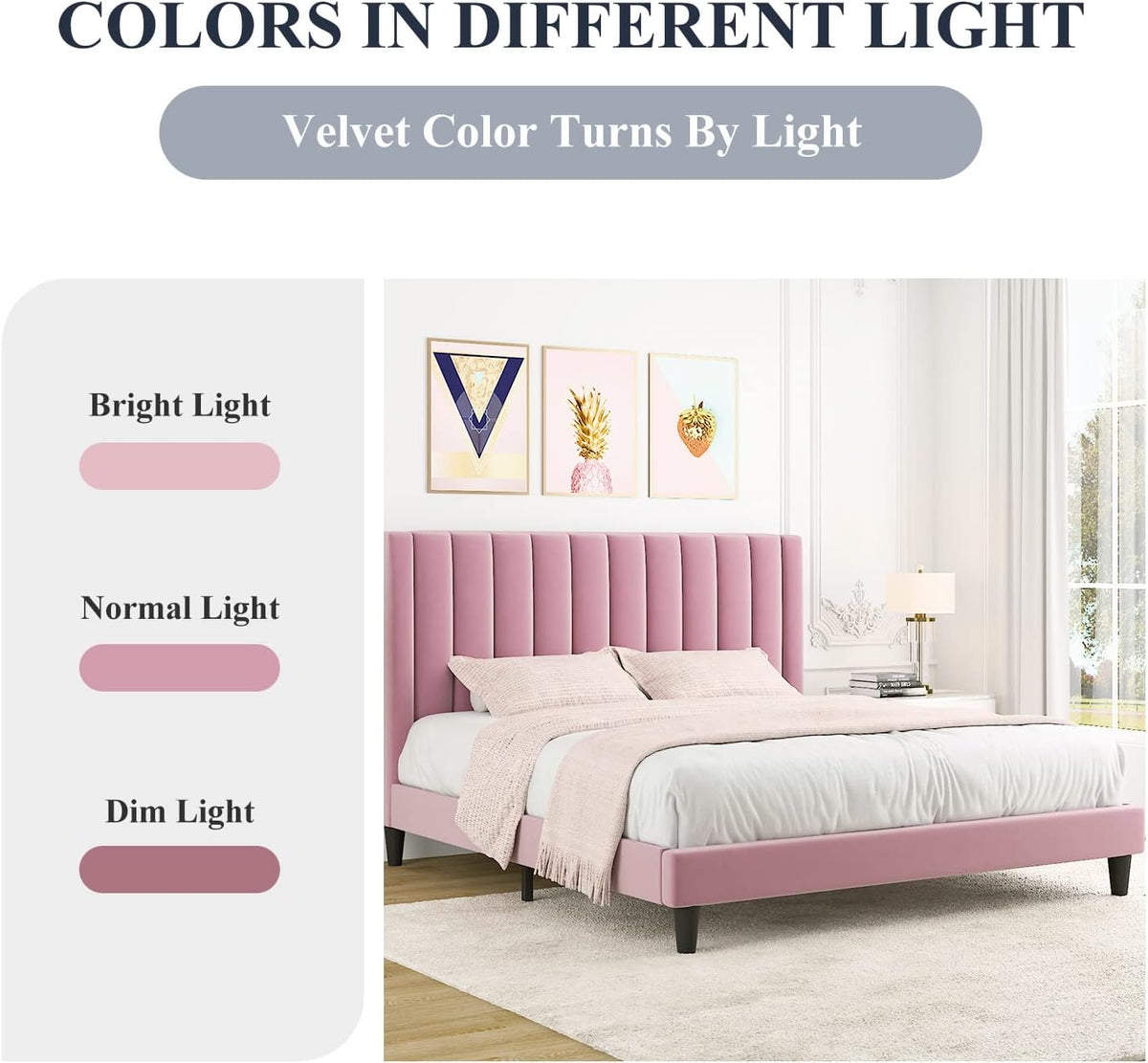 Allewie King Platform Bed Frame/Velvet Upholstered Bed Frame with Vertical Channel Tufted Headboard/Strong Wooden Slats/Mattress Foundation/Box Spring Optional/Easy Assembly/Pink