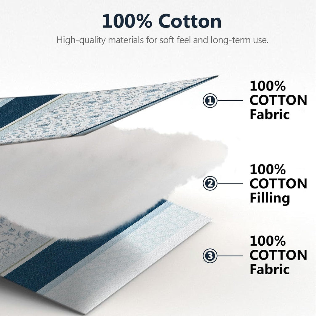 100% Cotton Quilt Set King Size, King Quilt, Patchwork Striped Botanical Quilted Bedspread Lightweight Comforter for King Bed, 3pcs, Navy/Light-Blue/White