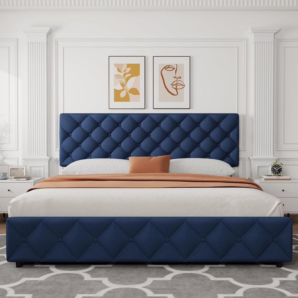 GarveeHome King Size Bed Frame with 4 Storage Drawers and Adjustable Headboard, Linen Upholstered Platform Beds, Diamond Stitched Button Tufted, No Box Spring Needed, Blue