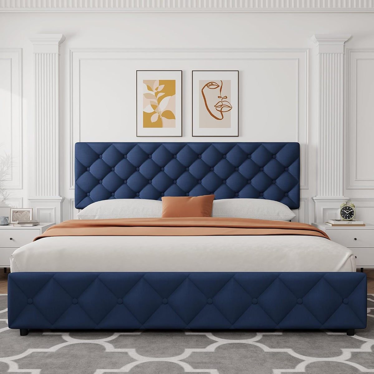 GarveeHome King Size Bed Frame with 4 Storage Drawers and Adjustable Headboard, Linen Upholstered Platform Beds, Diamond Stitched Button Tufted, No Box Spring Needed, Blue