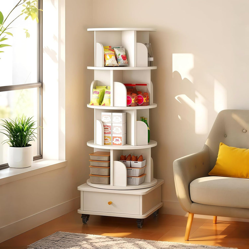 KEIKI 5-Tier Rotating Tower Spinning Bookshelf with 360°Swivel Wheels & Square Storage Drawer Base,Narrow Rolling Bookcase for Small Space,Corner,Bedroom,Office,White