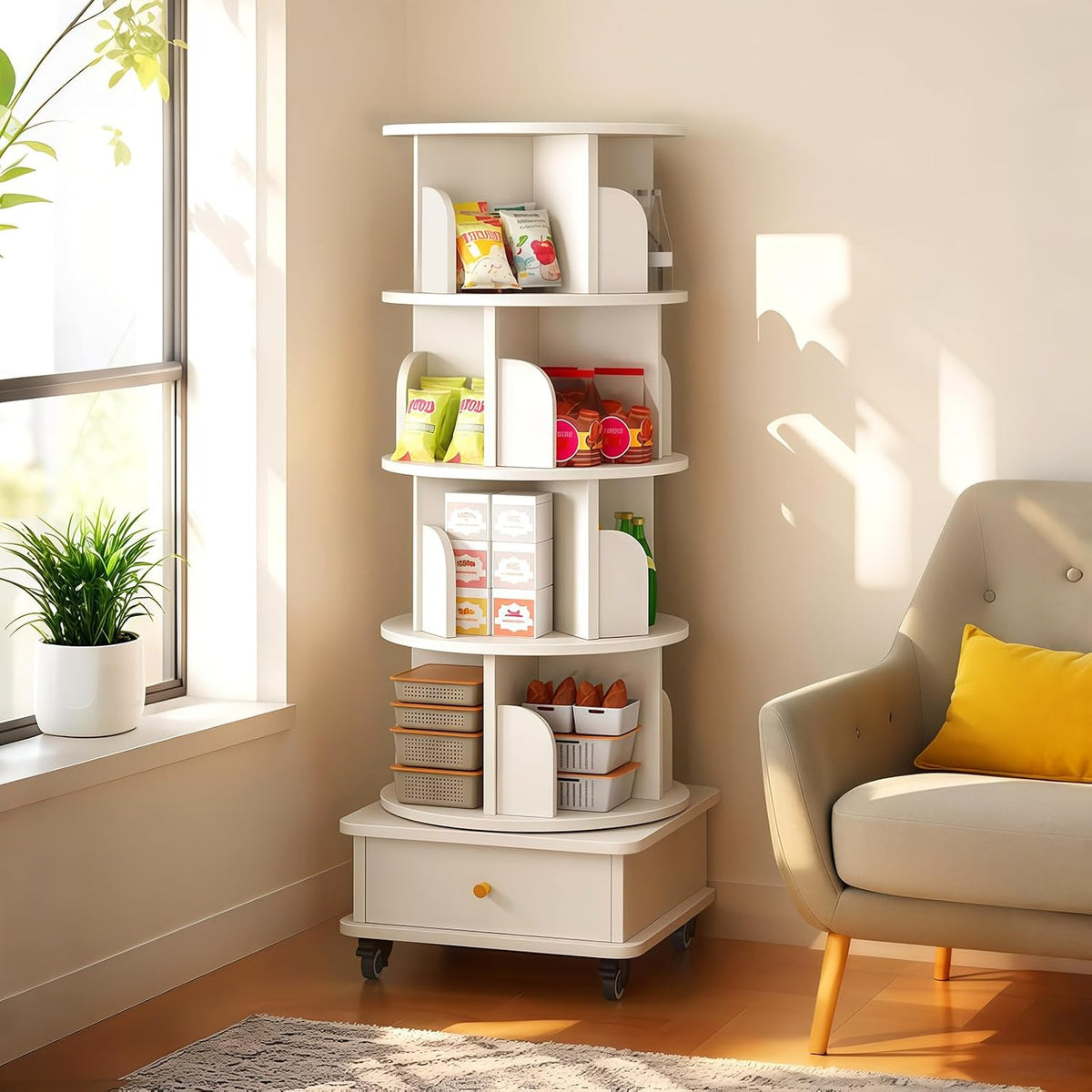 KEIKI 5-Tier Rotating Tower Spinning Bookshelf with 360°Swivel Wheels & Square Storage Drawer Base,Narrow Rolling Bookcase for Small Space,Corner,Bedroom,Office,White