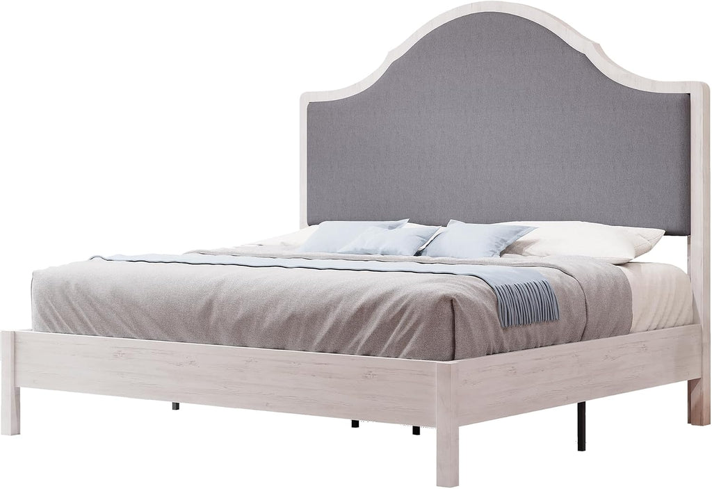 Jocisland Full Size Bed Frame with Tall Upholstered Curved Headboard, Solid Wood Platform Bed, No Box Spring Needed, Wood Slat Support, Easy Assembly, White