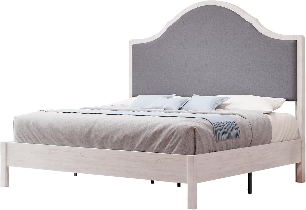 Jocisland Full Size Bed Frame with Tall Upholstered Curved Headboard, Solid Wood Platform Bed, No Box Spring Needed, Wood Slat Support, Easy Assembly, White