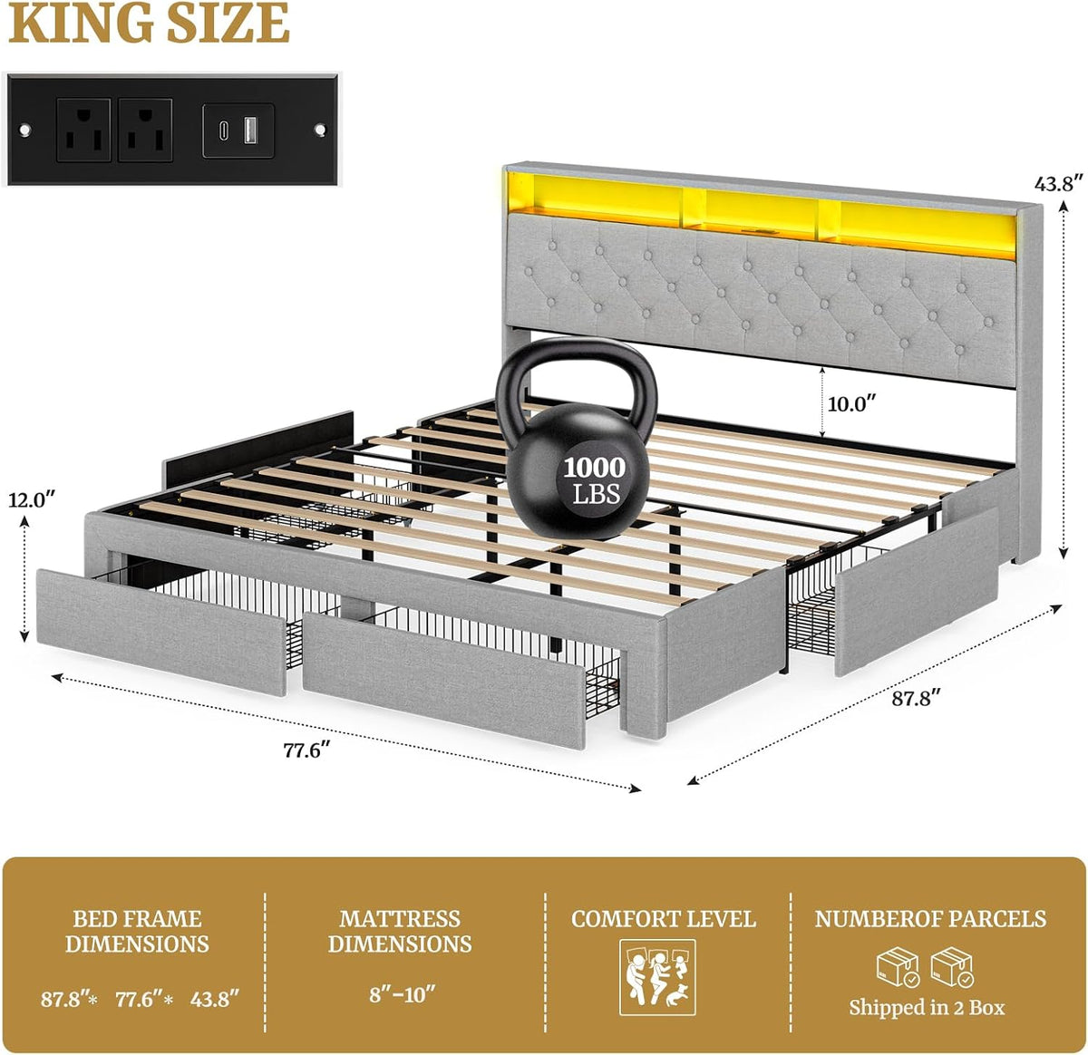 IKIFLY King Bed Frame with Hidden Storage Headboard, Upholstered King Size Storage Platform Bed with 4 Drawers & LED Lights, Type-C Charging Station, No Box Spring Needed, Noise Free, Light Grey