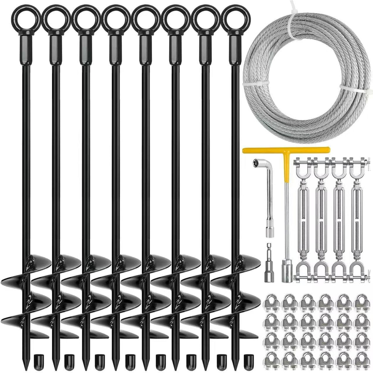 8 Pack 30' Heavy Duty Ground Anchors Shed Anchors Kit with 3/16' Galvanized Cable & 1/4' Jaw and Jaw Turnbuckle, Earth Anchors for Mobile Home Carport Gazebo Trampoline Swingset Tent