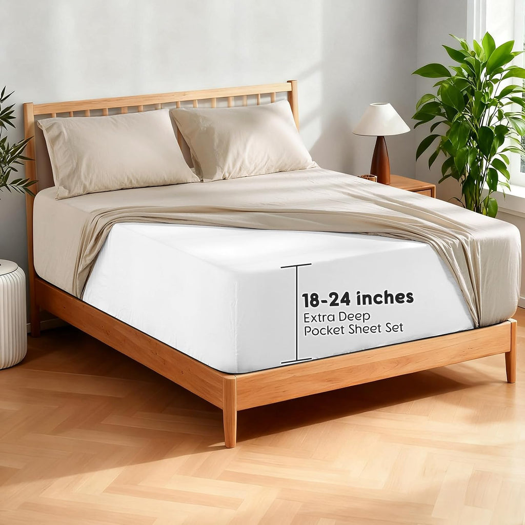 SONORO KATE 100% French Pure Linen Sheets, Extra Deep Pocket up to 18'-24', Breathable and Durable Linen Sheets, Anti-Tear Linen Bed Sheets, Machine Washable - 4 Piece (Natural Linen, Queen(24'deep))