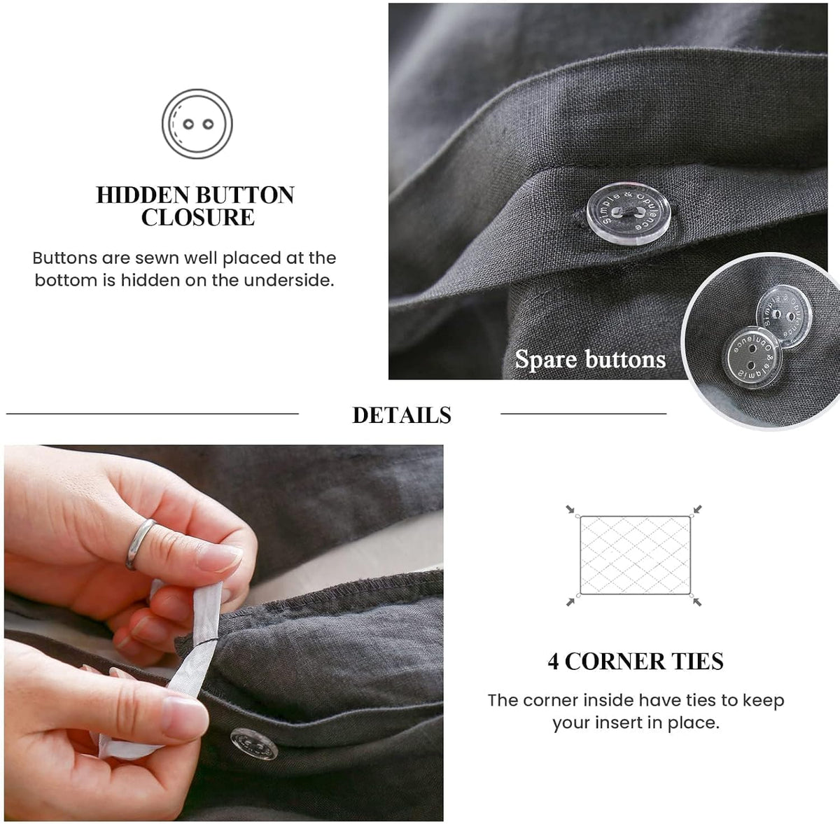 Simple&Opulence 100% Linen Duvet Cover Set, 3 PCS Natural French Flax Dark Grey Ruffle Duvet Cover Queen Size, Breathable Comfy Linen Bedding Comforter Cover with 2 Pillowcases (Dark Grey, 88' X 92')