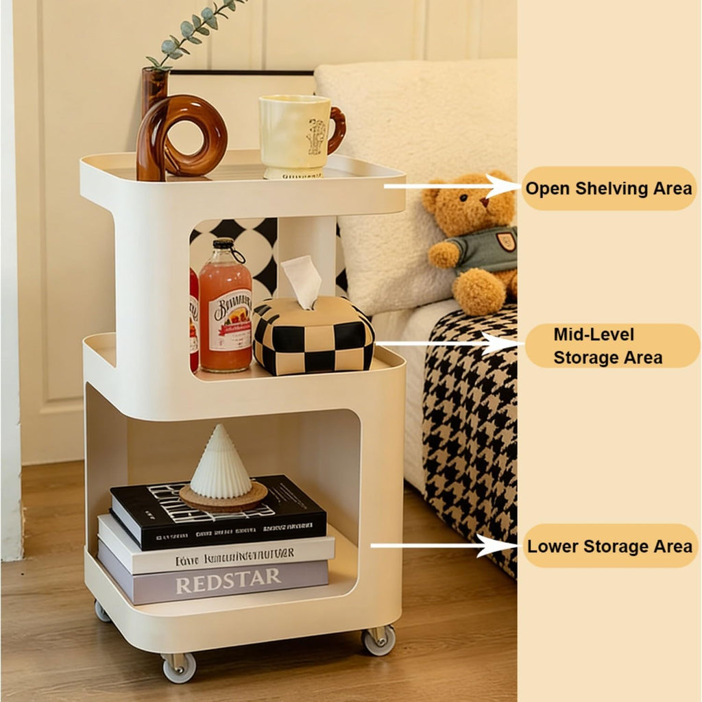Side Table, Nightstand with Universal Wheels, Modern Bedside Table, with Open Storage Shelf,Stable,with Metal FrameSuitable for Bedroom, Living Room(Black,35cm/14in)