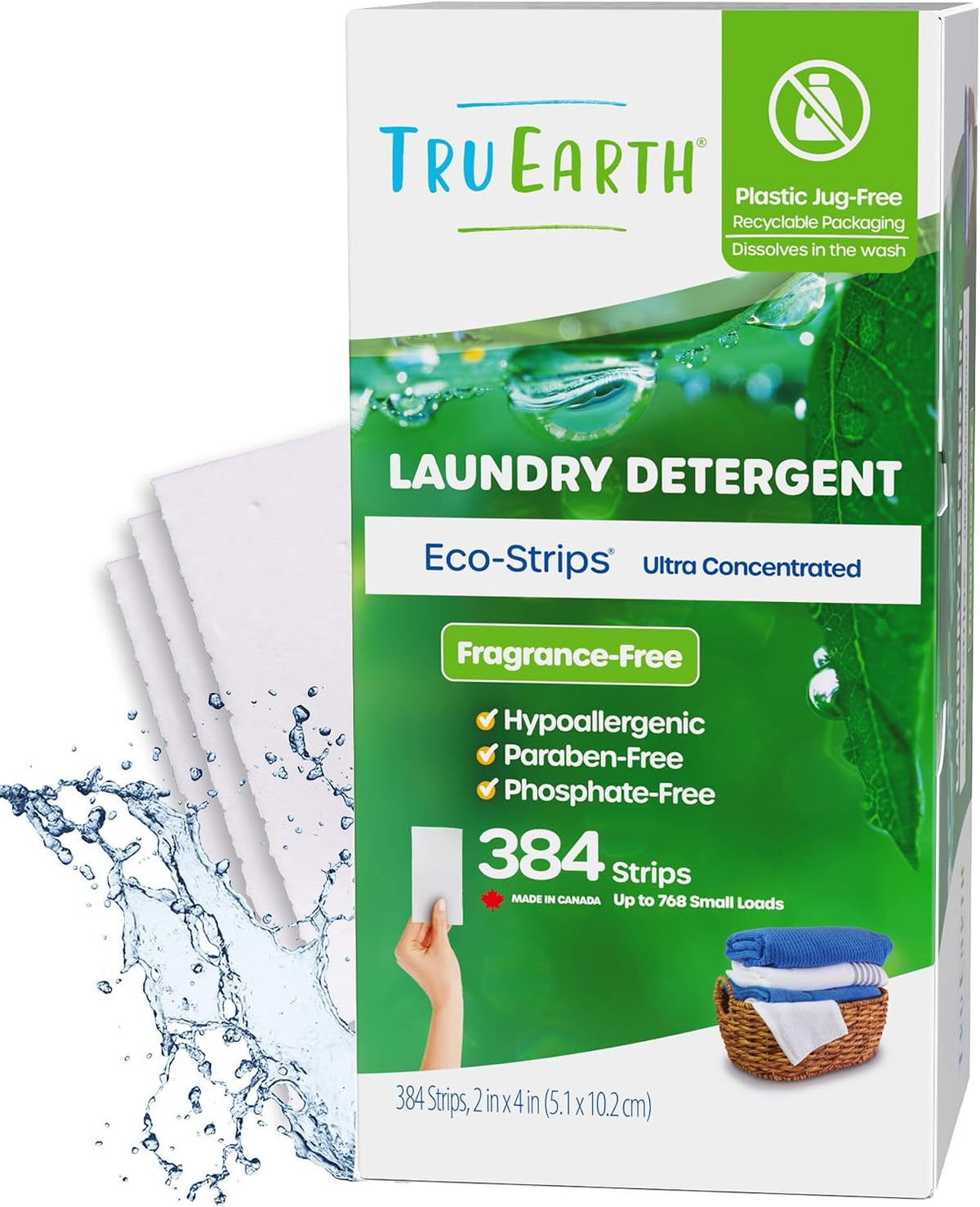 Tru Earth Compact Dry Laundry Detergent Sheets, Unscented - Up to 768 Loads (384 Count) - Paraben-Free - Original Eco-Strip Liquidless Detergent, Travel Sheets, Bulk