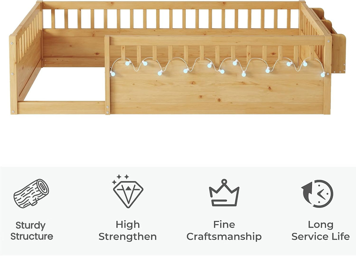 Montessori Floor Bed with High Rails,Twin Size Floor Bed Frame for Kids, LED Lights & Storage Shelf, Safe & Wider Opening Gate Design, Playground & Sleep Space for Girls Boys,Natural