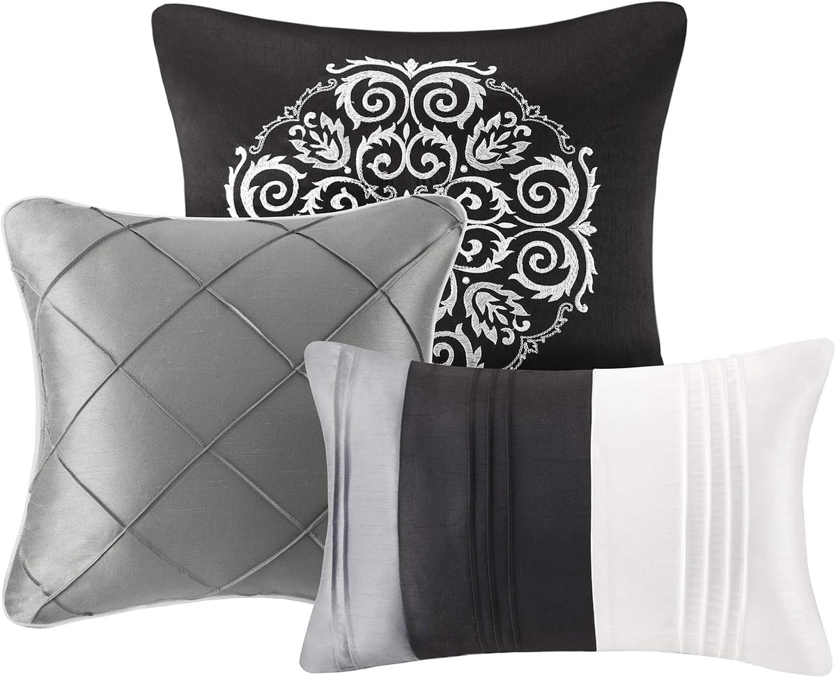 Madison Park Blaire Cozy Comforter Set-Luxurious Faux Silk Traditional Pieced Design All Season Down Alternative Bedding with Matching Shams, Decorative Pillow, Queen (90 in x 90 in), Grey 7 Piece